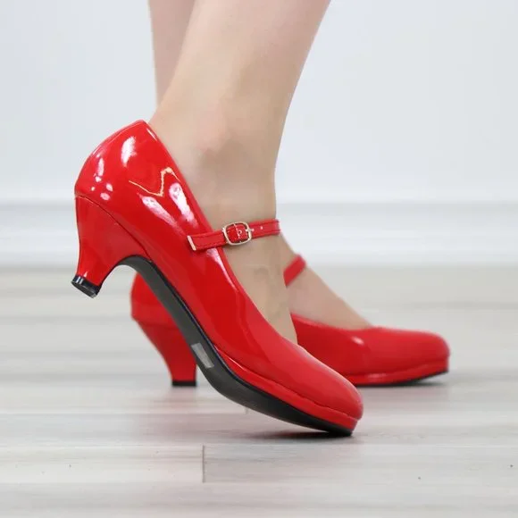 Red Patent Rockabilly Vintage Style Round Toe Kitten Low Heel Shoes - Picture 5 of 12